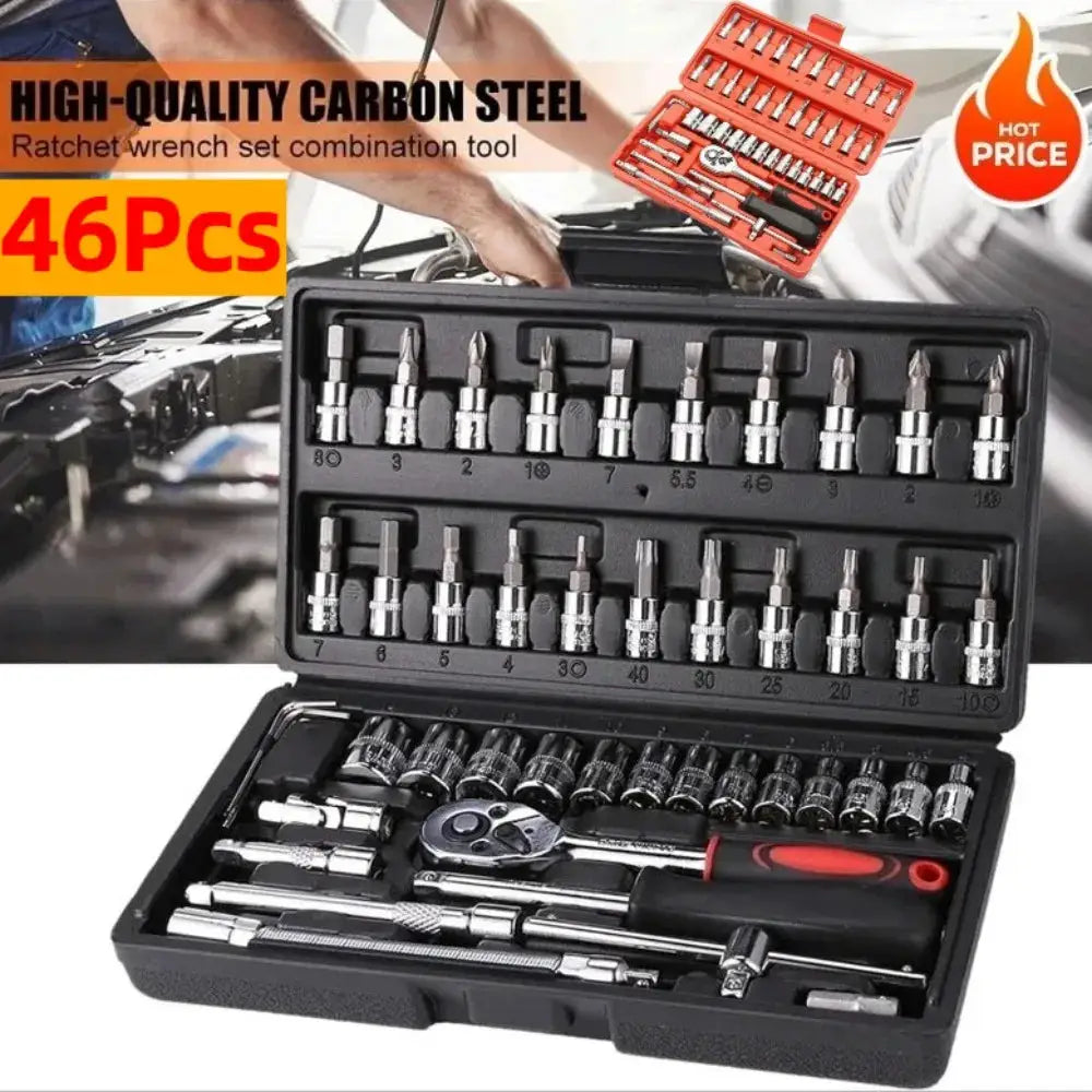46-piece 1/4in drive socket wrench set in case with ratchet and bits; carbon steel auto repair tools PrimeCanada.Store