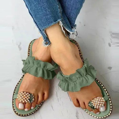 Pineapple Pearl Beach Slides, green ruffle-strap flat sandals for women, PrimeCanada.Store