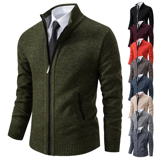 Men's relaxed fit casual sports coat in olive green knit with zip front; multiple color options shown