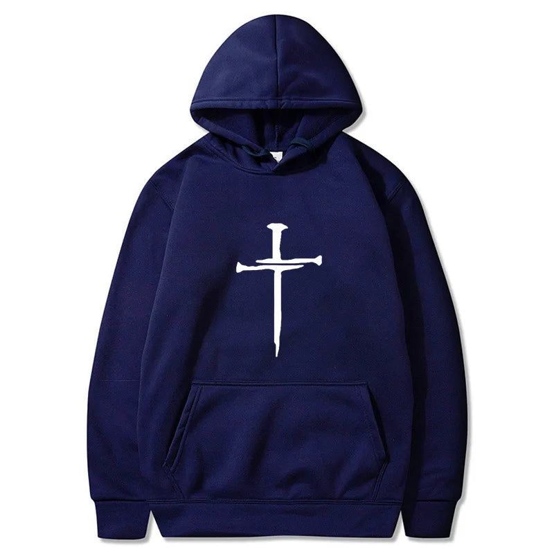 Men's Black Cross Graphic Hoodie Polyester Pullover Sweatshirt