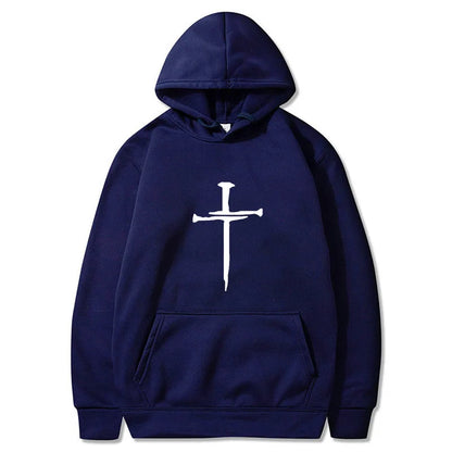 Men's Black Cross Graphic Hoodie Polyester Pullover Sweatshirt