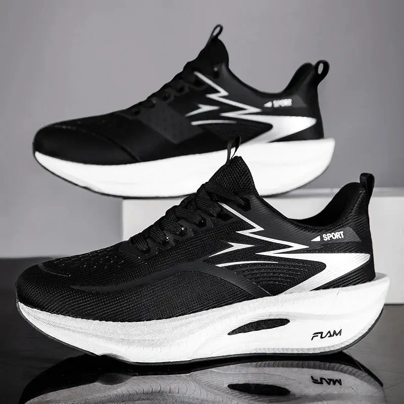Marathon Men Sports Running Shoes, black mesh upper with white chunky sole and zigzag side accents, pair.