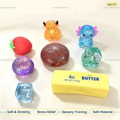 Assorted slow-rising squishy fidget toys set (7 pieces) including colorful glittery shapes and a yellow butter block