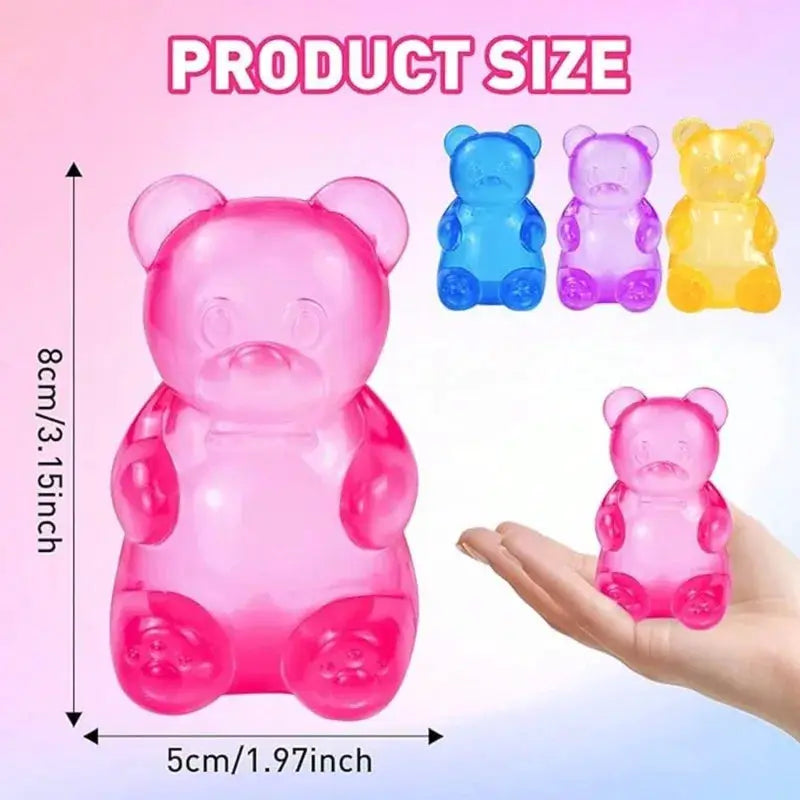 NEEDOH Soft Gummy Bear Fidget Squeeze Toy set; pink large bear with blue, purple and yellow minis, 8 cm tall, 5 cm wide
