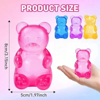 NEEDOH Soft Gummy Bear Fidget Squeeze Toy set; pink large bear with blue, purple and yellow minis, 8 cm tall, 5 cm wide
