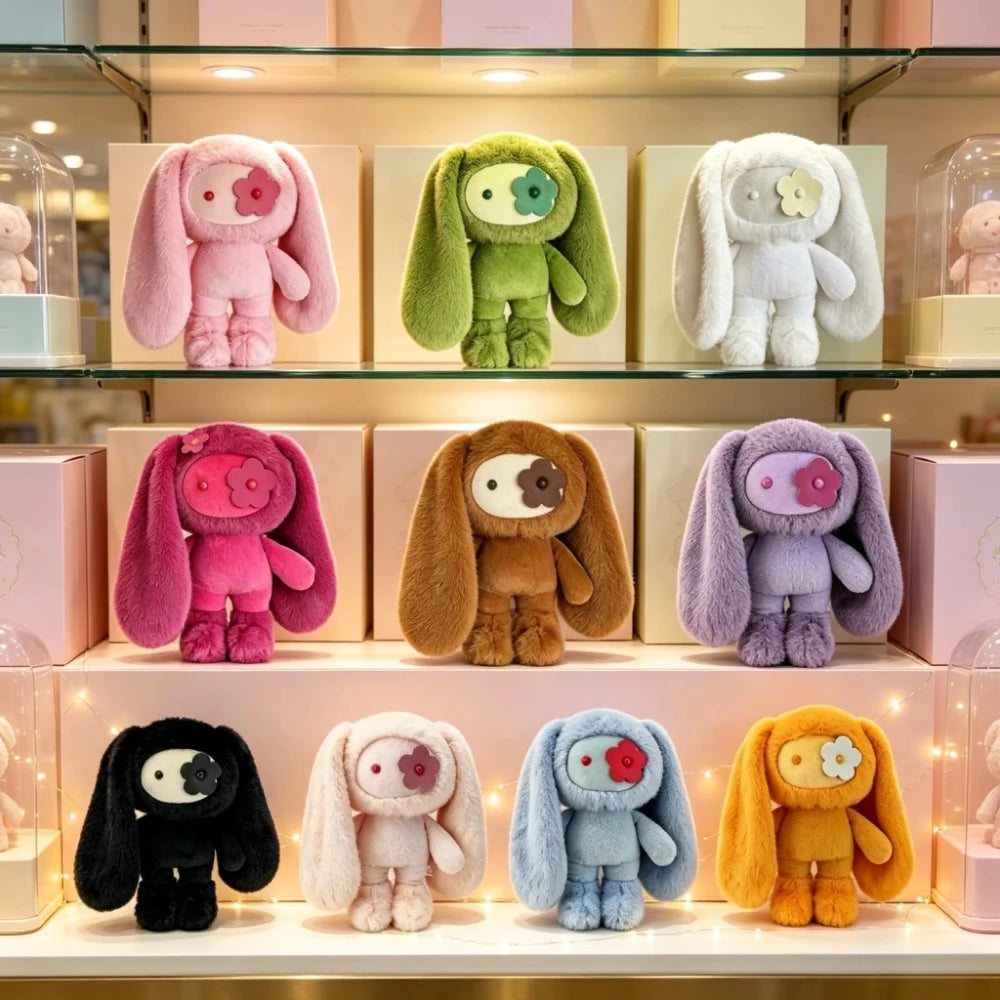 Cute Juju Rabbit plush keychain set, 10 colorful bunnies in pink, green, white, brown, lavender, black, blue, orange