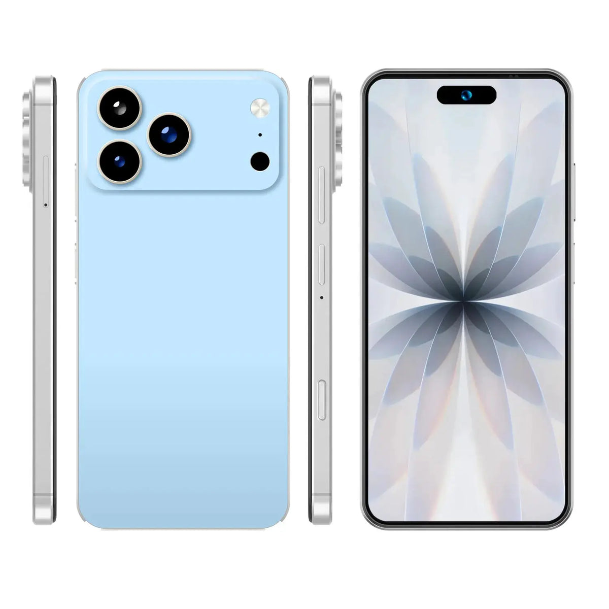 I17 Promax 5G smartphone in blue with triple rear cameras and punch-hole display.
