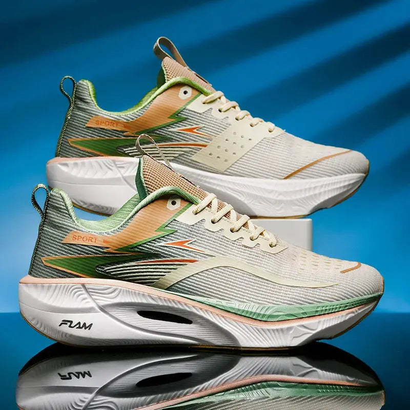 Marathon Men Sports Running Shoes, beige/cream with green and orange accents, pair