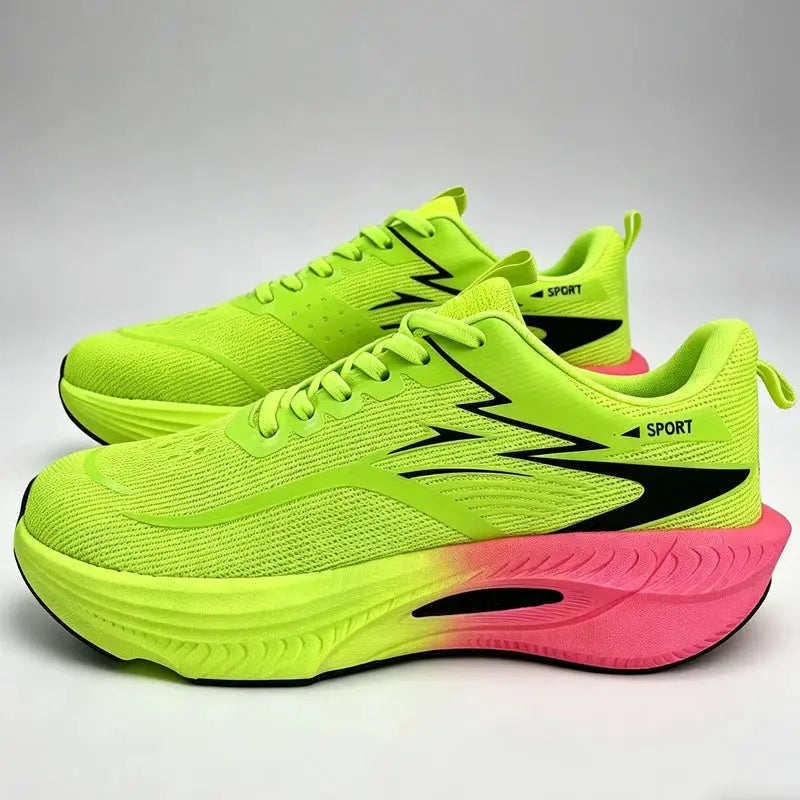 Marathon Men Sports Running Shoes by PrimeCanada.Store; neon lime sneakers with black graphics and pink-to-neon sole.