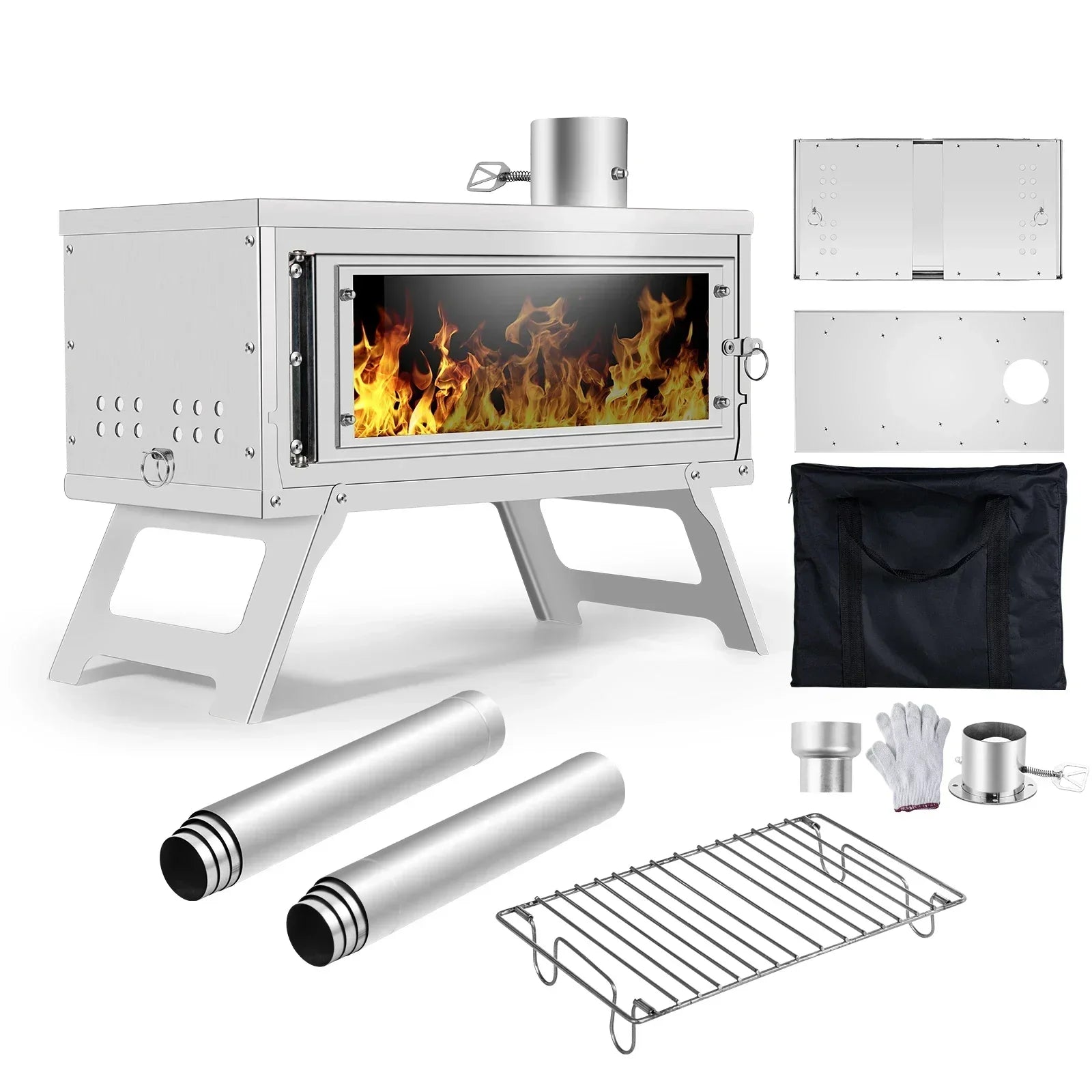 Estufa de leña portátil plegable con chimenea para tienda de campaña, Fastfold, plateada