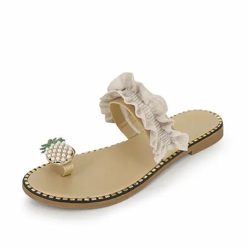 Pineapple Pearl Beach Slides beige with a ruffled strap and pineapple pearl ornament by PrimeCanada.Store