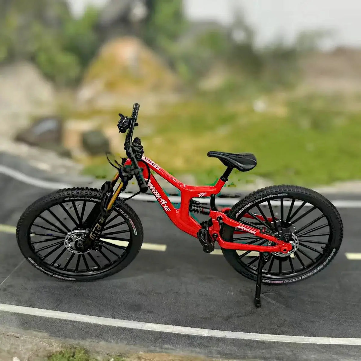 1:8 scale red alloy European mountain bike model with dual suspension and realistic gears