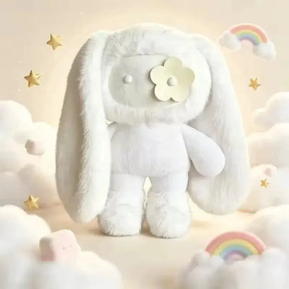 Cute Juju Rabbit Plush Keychain, white fluffy bunny with a flower on its face