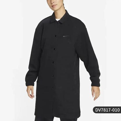 Nike Authentic SPORTSWEAR women's terry cloth long jacket in black with small swoosh and button-front