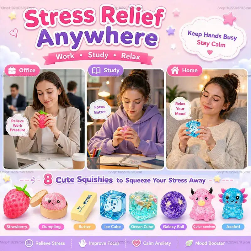 Slow rising squishy blind-box fidget toy set with 8 colorful malt-sugar squishies for desk decor
