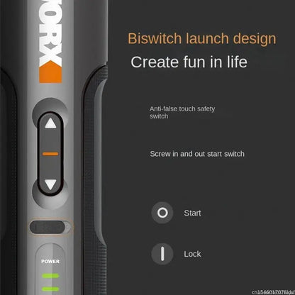 WORX WX242 mini cordless screwdriver; gray body with orange accents and a 30-bit set