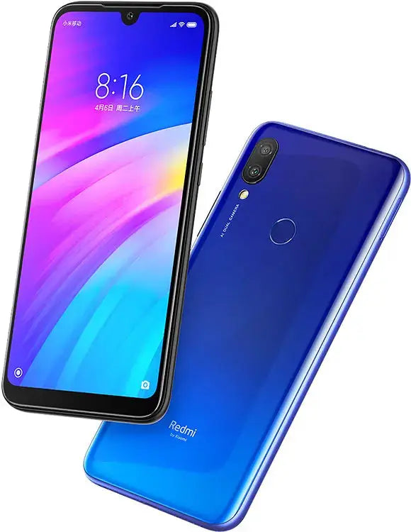 Xiaomi Redmi 7 smartphone in blue gradient with dual rear cameras and fingerprint sensor.