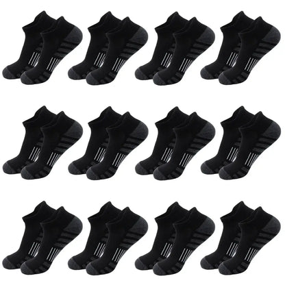 Breathable Cushioned Athletic Ankle Socks with extra padding; black with gray toe and heel, 12 pairs.