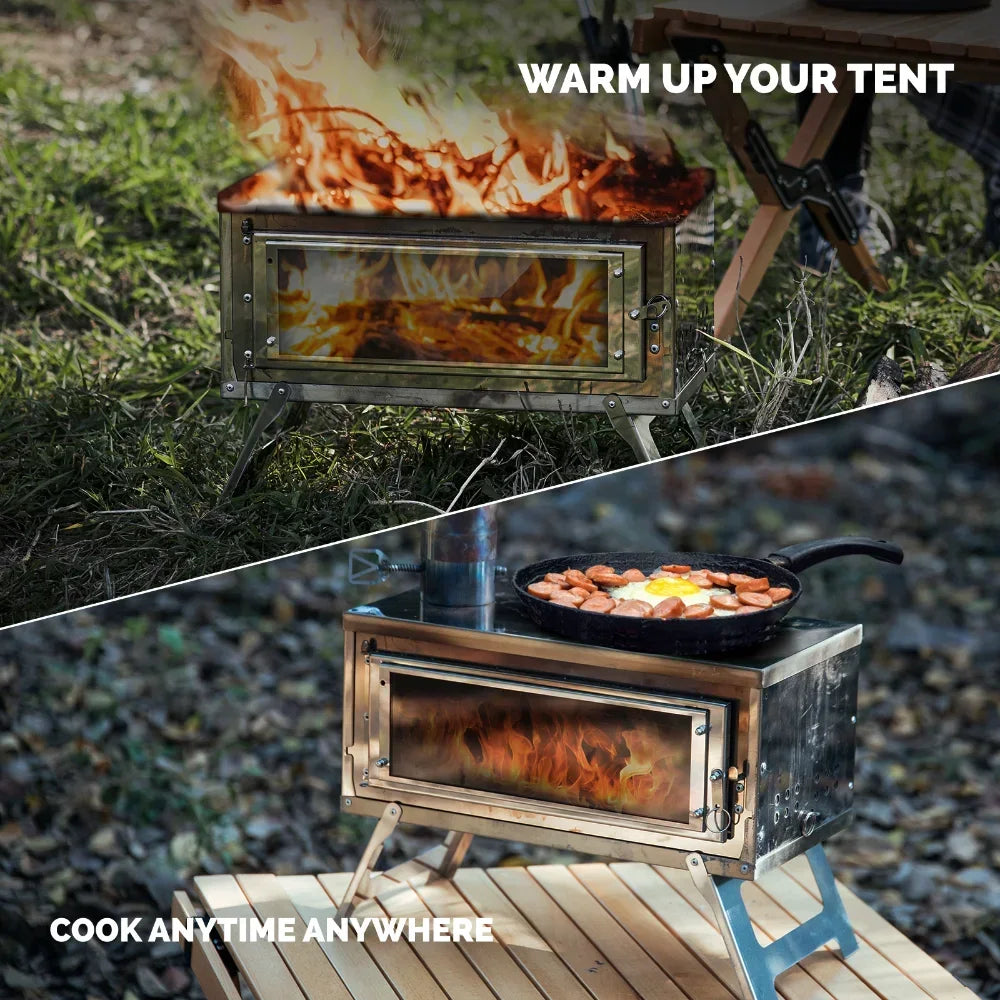 Estufa de leña portátil plegable con chimenea para tienda de campaña, Fastfold, plateada