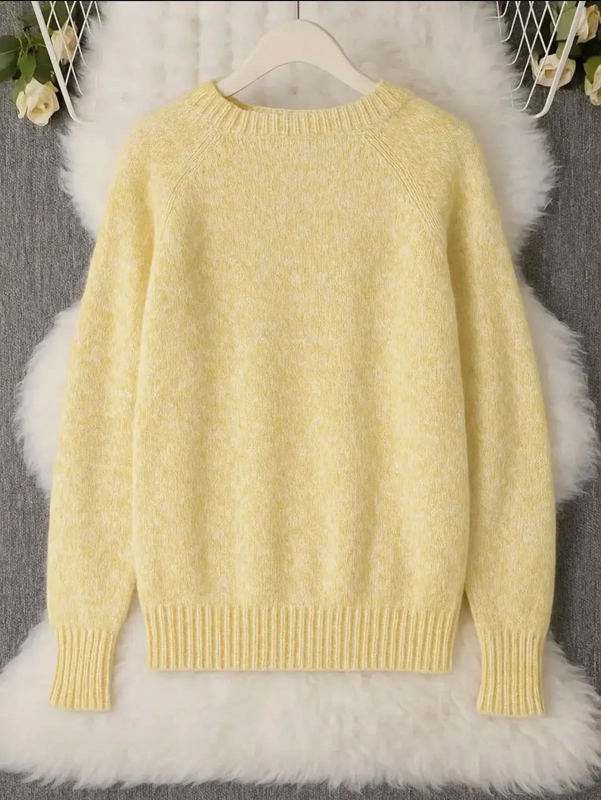 Womens Soft Cozy Knit Sweater in pale yellow with ribbed cuffs and hem, PrimeCanada.Store.