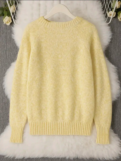 Womens Soft Cozy Knit Sweater in pale yellow with ribbed cuffs and hem, PrimeCanada.Store.