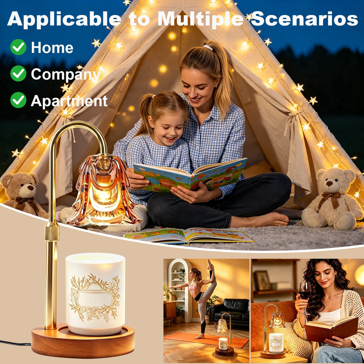 Gold candle warmer lamp with adjustable height, dimmer and timer on wooden base for elegant home decor
