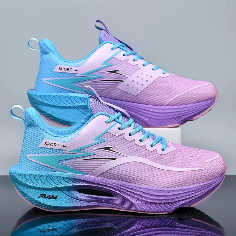 Marathon Men Sports Running Shoes pair; blue-to-pink gradient mesh upper, thick platform sole, PrimeCanada.Store