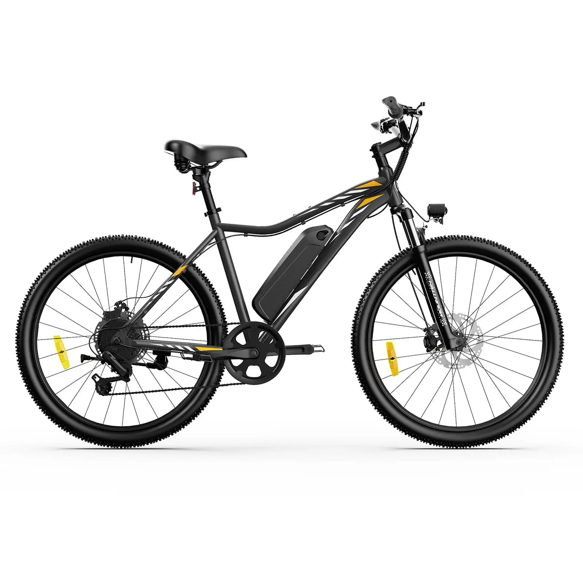 High-speed electric bike with front suspension, black frame and yellow accents, battery on downtube, rugged mountain tires.