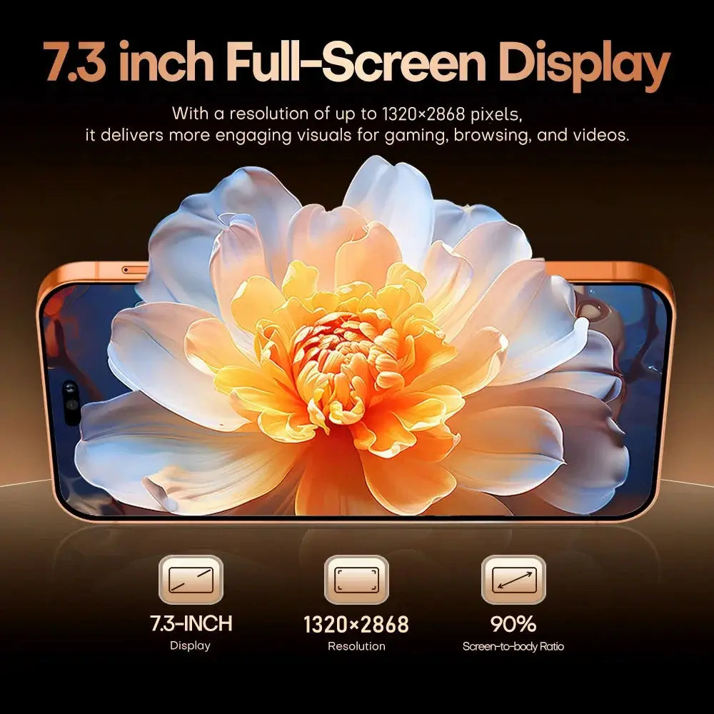 i17 Pro Max smartphone in gold with 7.3-inch full-screen display and vibrant flower wallpaper