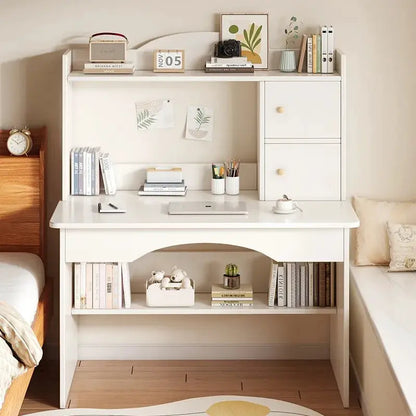 Home desk bookcase with integrated desktop, white finish, compact student workstation