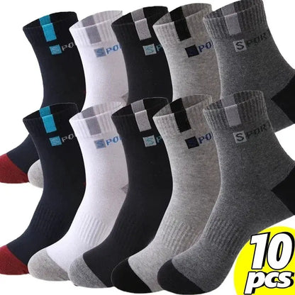 Men's sport cotton crew socks, breathable mid-calf, 10-pair set with blue logo