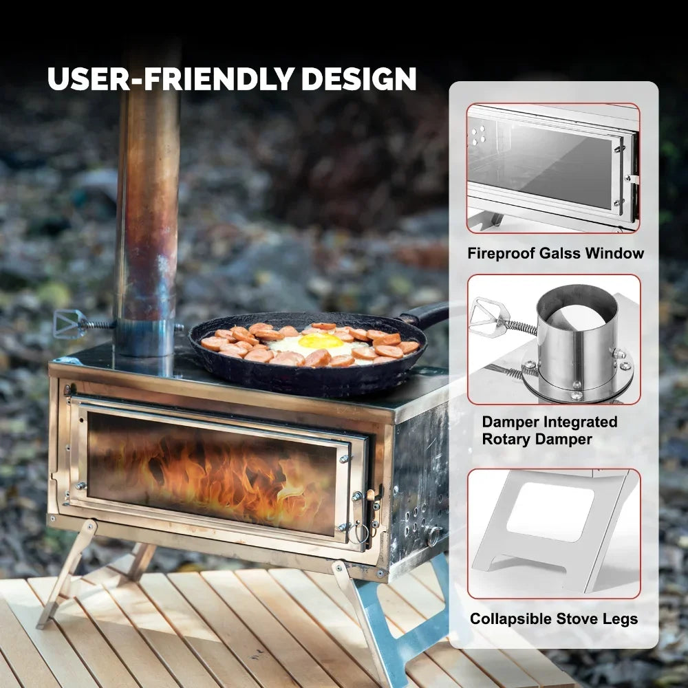 Estufa de leña portátil plegable con chimenea para tienda de campaña, Fastfold, plateada