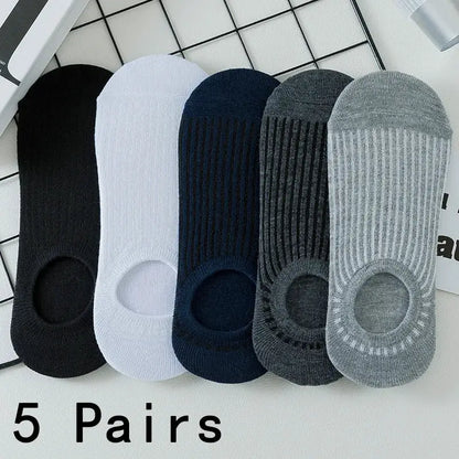 Men's ankle socks, 5 pairs in black, white, navy, charcoal, and light gray; cotton, breathable.