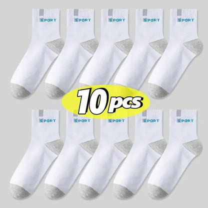 Men's cotton sport socks, white with gray toes and heels, breathable soft fabric, 10-pair pack PrimeCanada.Store