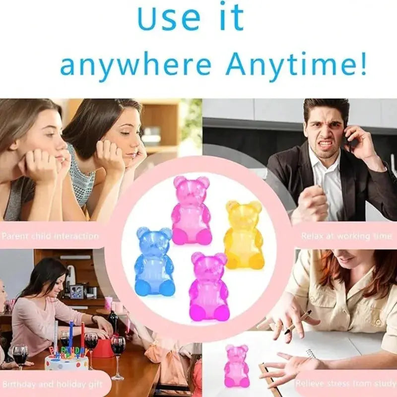 NEEDOH Soft Gummy Bear Fidget Squeeze Toy accessories set of 4 translucent bears in blue, pink, purple and yellow