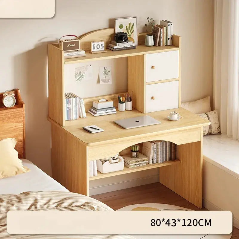 Home desk with integrated bookcase in light wood finish, student workstation 80*43*120CM