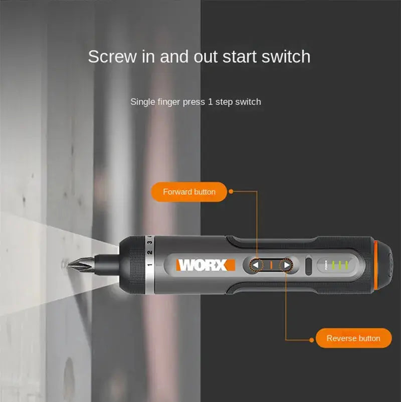 WORX WX242 mini cordless screwdriver with 30-bit set, gray body with orange accents