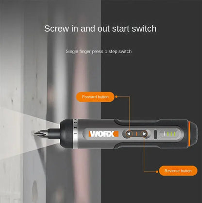 WORX WX242 mini cordless screwdriver with 30-bit set, gray body with orange accents