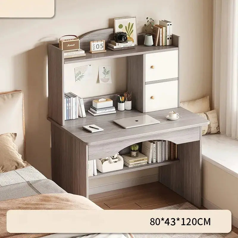 Home desk bookcase with integrated desktop, gray wood finish, two drawers on right