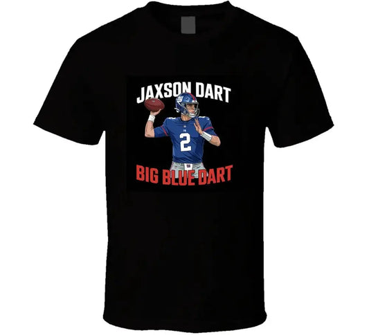 Jaxson Dart New York Quarterback T-shirt, black with blue jersey graphic and red text