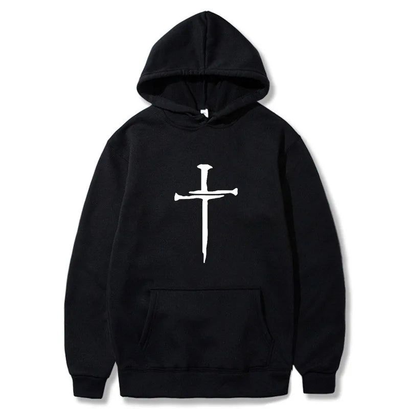 Men's Black Cross Graphic Hoodie Polyester Pullover Sweatshirt