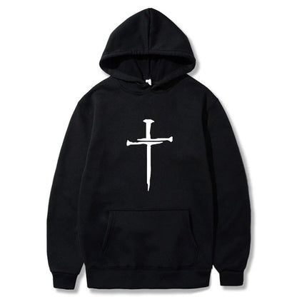 Men's Black Cross Graphic Hoodie Polyester Pullover Sweatshirt