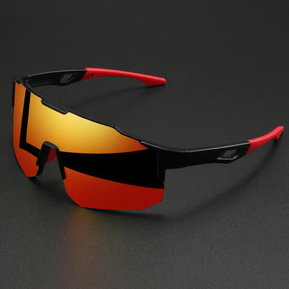 Oversized colorful sports sunglasses with orange mirrored lenses and black frame with red temples.