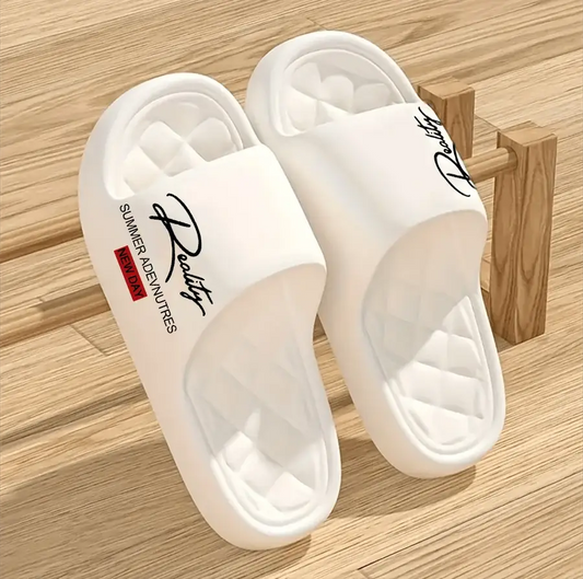 Men's white EVA slides, lightweight indoor/outdoor footwear, PrimeCanada.Store logo, 2 shown.