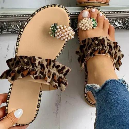Pineapple Pearl Beach Slides by PrimeCanada.Store beige flat sandals with leopard ruffle strap and pineapple pearl pair