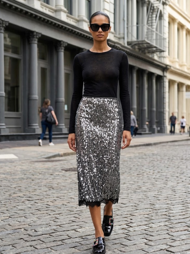 SOHO Women's Sequin & Lace Midi Skirt Prêt-à-Porter BYMANYC ® NY-2
