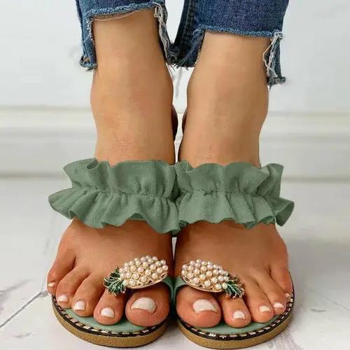 PrimeCanada.Store Pineapple Pearl Beach Slides, pair with green ruffled ankle straps and pearl pineapple accents