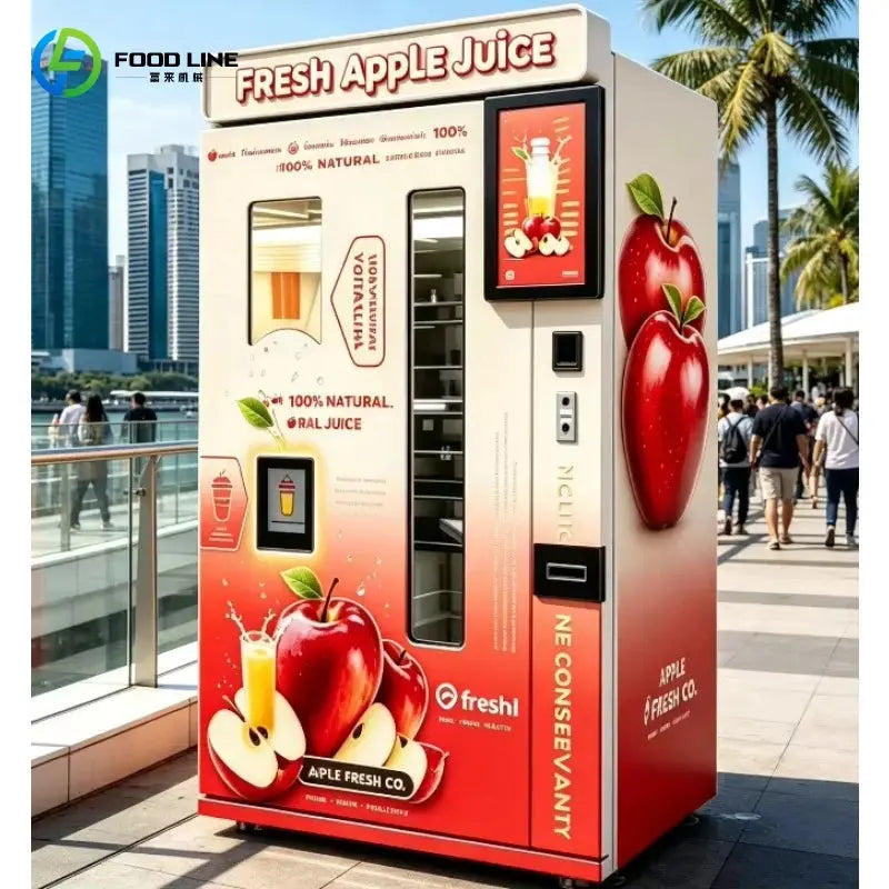 Refrigerated Fresh Apple Juice Vending Machine with 21.5in touchscreen and red apple graphics
