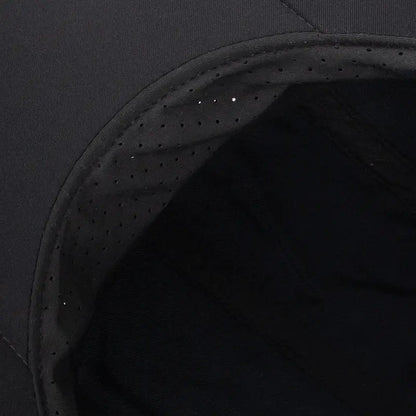 Baseball cap interior in black with perforated lining.