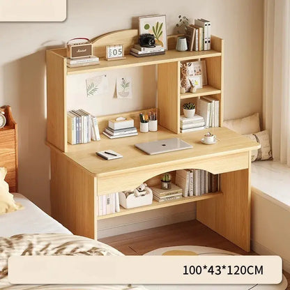 Home desk with integrated bookcase in natural wood finish; compact student workstation with laptop and shelves
